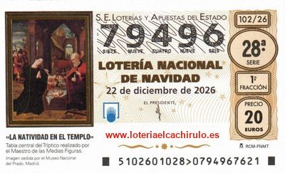 Anverso del d&eacute;cimo 79496 de la Loter&iacute;a de Navidad 2026, de Villanueva de la Serena (Badajoz)